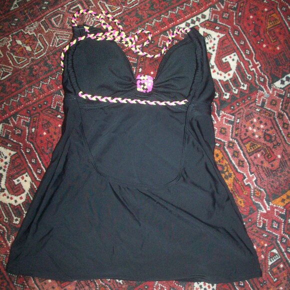 Vintage Y2K Hobie Tankini Womens Medium Black Bright Yellow Hibiscus Halter Top - Picture 2 of 8